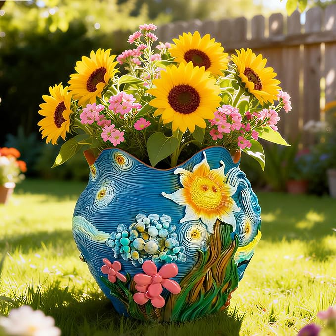 Sunflower Starry Sky Plant Pots-Cute Unique Flower Pots with Drainage Hole Resin Planters for Indoor Outdoor Succulent Planter Plant Gifts for Mother's Day Birthday Christmas(Colours)