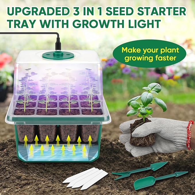 BlumWay Self-Watering Seed Starter Tray Kit with Grow Light and Humidity Dome3 Color Growing Light5-Pack 60-Cell Plant Seedling TrayReusable Plastic Germination TraysTimed Light Plant Starter Set