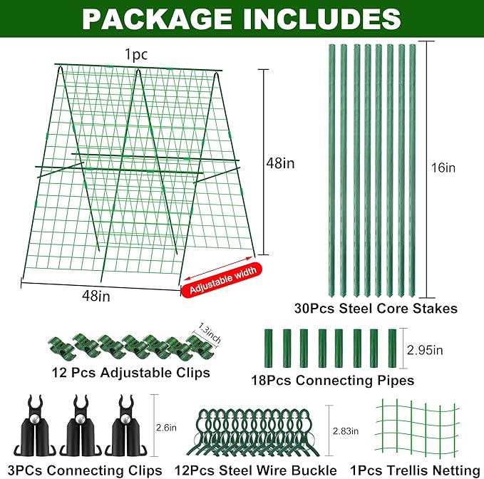 48 x 48 Inch Foldable Cucumber Trellis for Raised Bed- A-Frame Garden Trellis for Climbing Plant Outdoor with Climbing Net and Plant Support Clip for Outdoor Plants Zucchini Vegetables Tomato Flowers