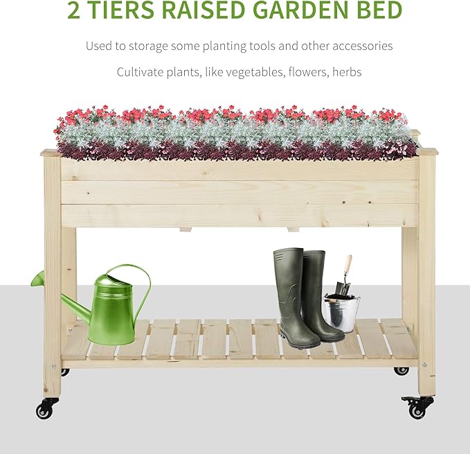 Raised Garden Bed 47 x 22 x 33 Elevated Wooden Planter Box w Lockable Wheels Storage Shelf and Bed Liner for Backyard Patio Natural