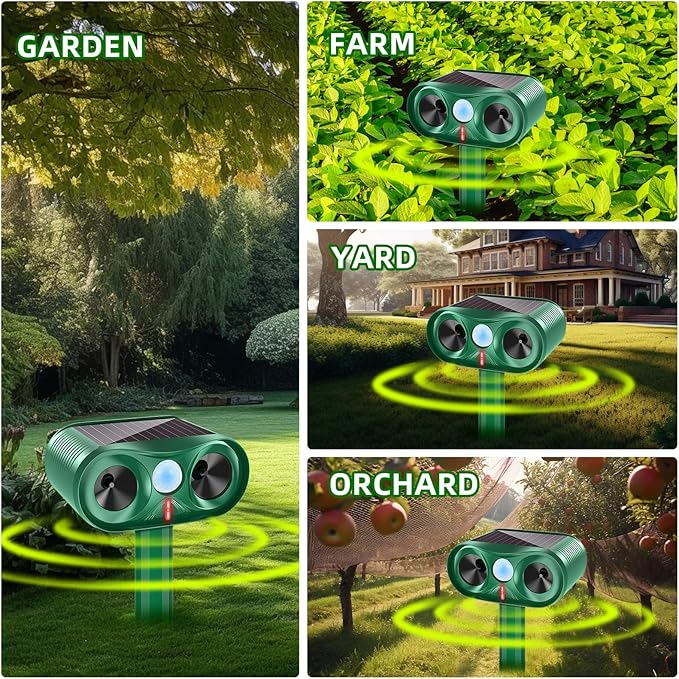 2025 4Pack Deer Deterrent Device Solar Animal Repeller Cat Repellent Outdoor Ultrasonic Animal Repellent with Motion Detection to Scare Coyote Rabbit Squirrel Skunk Dog Fox Repellent for Yard