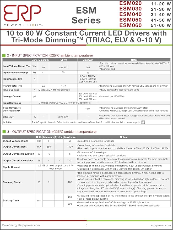ERP ESM050W-1050-42 Constant Current LED Driver - 50W 1050mA | Universal 120-277V Input | Bottom Exit Leads with Studs
