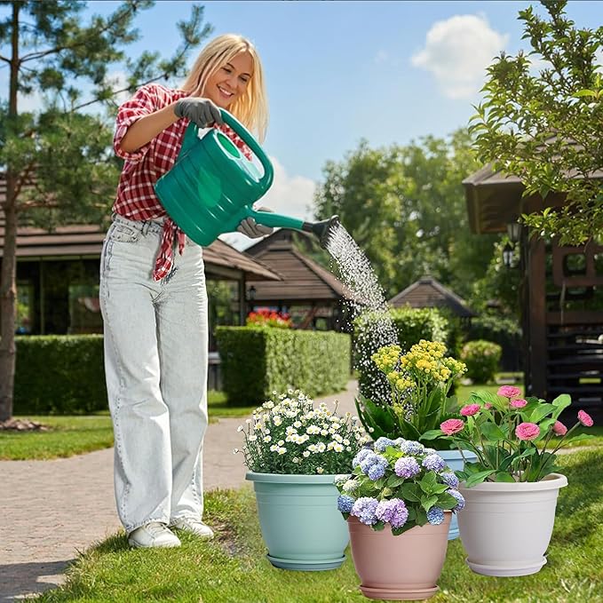 5 Packs 12 inch Flower Pots + Saucer Planters for Indoor &amp Outdoor Plants with Drainage Holes | Plastic Flower Pots Large Planter (White 12 inch)
