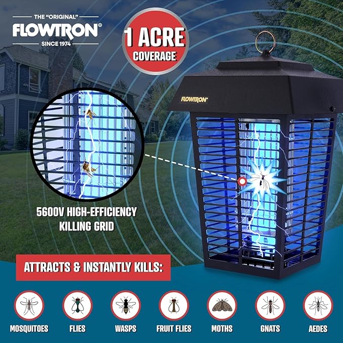 Flowtron Bug Zapper 1 Acre of Outdoor Coverage with Powerful 40W Bulb &amp 5600V Instant Killing Grid with Mounting Bracket &amp Mosquito Attractant Cartridge