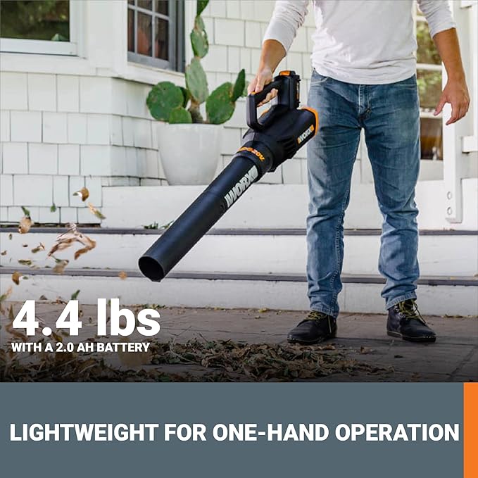 WORX Cordless Leaf Blower Electric Blower with Turbine Fan Blowers for Lawn Care with 2 Speed Control Battery &amp Charger Included WG547