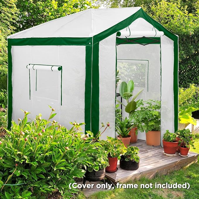 EAGLE PEAK Replacement Cover for 8x6 Portable Pop up Greenhouse with Polyester Reinforced Corners Front Roll-Up Zipper Entry Door and 3 Large Roll-Up Side Windows (Frame Not Included) Green/White