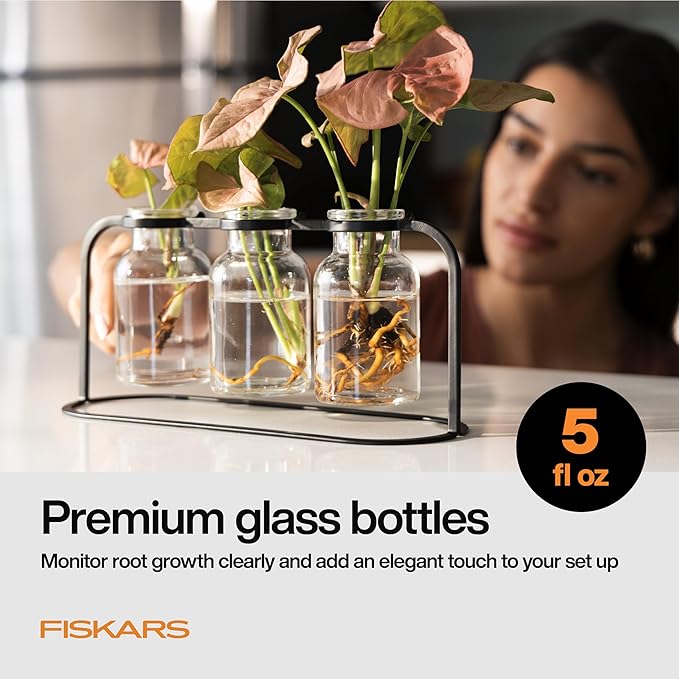Fiskars Plant Propagation Station Glass Test Tube Vases with Metal Rack for Rooting Cuttings Hydroponic System for Indoor Gardening Decor Straight Sided Flutes for Easy Root Removal Clear