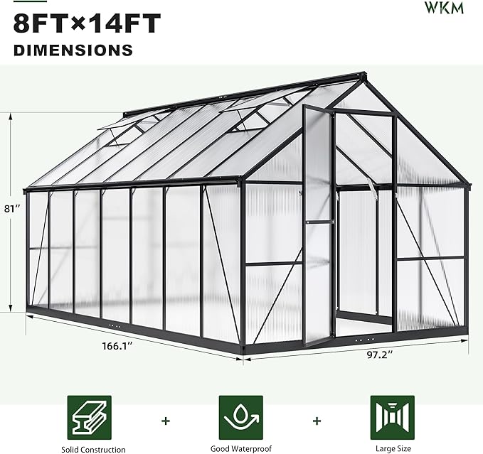 WKM Greenhouse for Outdoors 8x14 FT Walk-in Polycarbonate Greenhouse with Roof Vent and Quick Setup Structure Heavy Duty Aluminum Green House for Outsides Backyard Garden Black