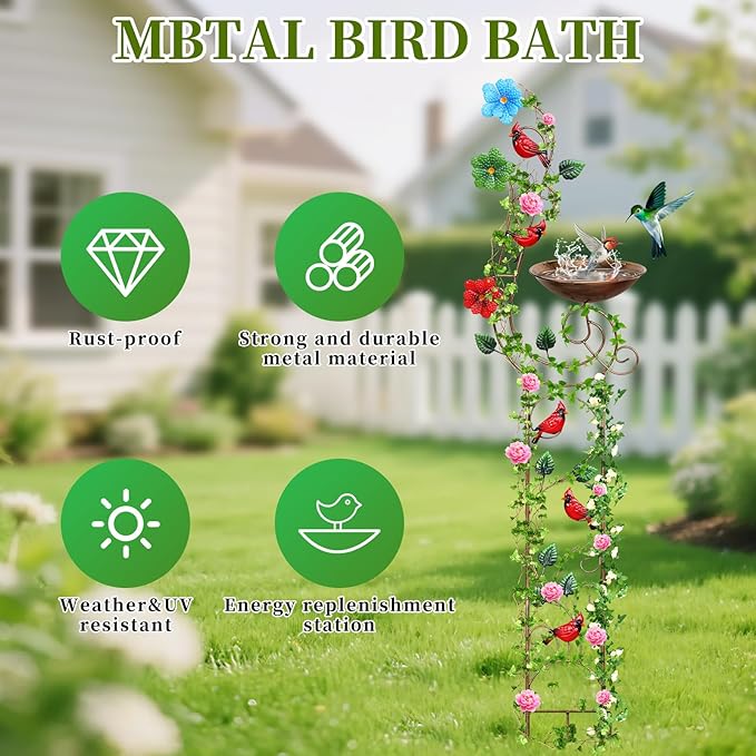 57” Bird Bath with Garden Trellis for Climbing Plants Outdoor Small Decorative Trellises Metal Birdbath Bird Baths 1 Piece (Redbird)