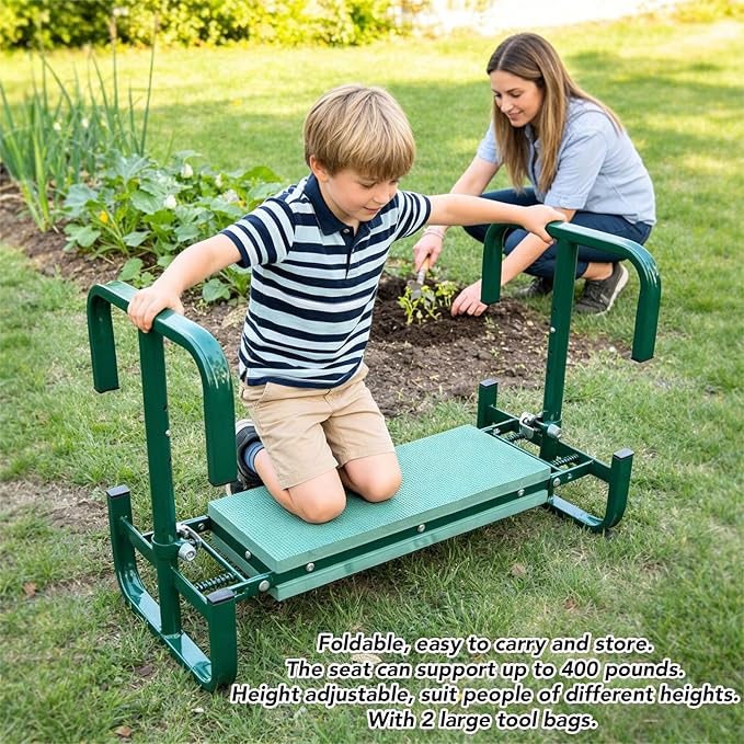 Diydeg Garden Kneeler and Seat 400lbs Heavy Duty Foldable Gardening Stool with Thicken &amp Widen Soft Kneeling Pad Gardening Bench with 2 Tool Pouches for Women Men Seniors Mom (Green)