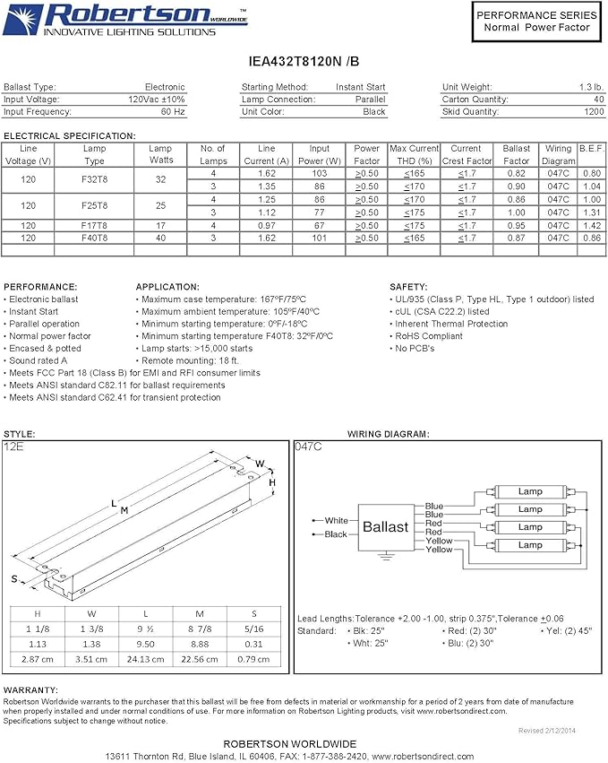 Robertson IEA432T8120N (1P20135) Electronic Fluorescent Ballast for 3 or 4 T8 Fluorescent lamps between 17W-32W (F17T8 through F32T8) or 3 F40T8 Lamps Instant Start 120V (Qty 10)