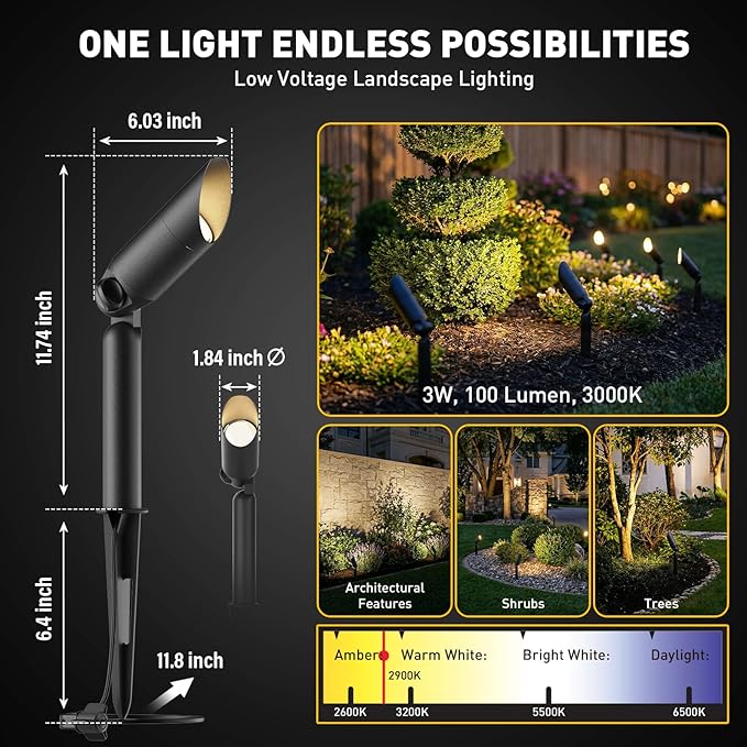 GOLDEN STAR Low Voltage Landscape Light 3W 100Lumen 12V Outdoor Spotlights LED Landscape Lighting 3000K Warm White Flood Lights 2Pack with Metal Stake &amp Connector for Walls Trees Yard Garden Tree
