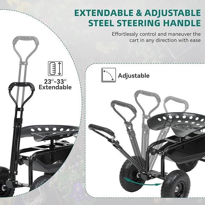 Rolling Garden Cart with 360° Swivel Work Seat Adjustable Height 10 Pneumatic Tires Tool Tray &amp Storage Basket Extendable Handle Reduces Back &amp Spine Strain