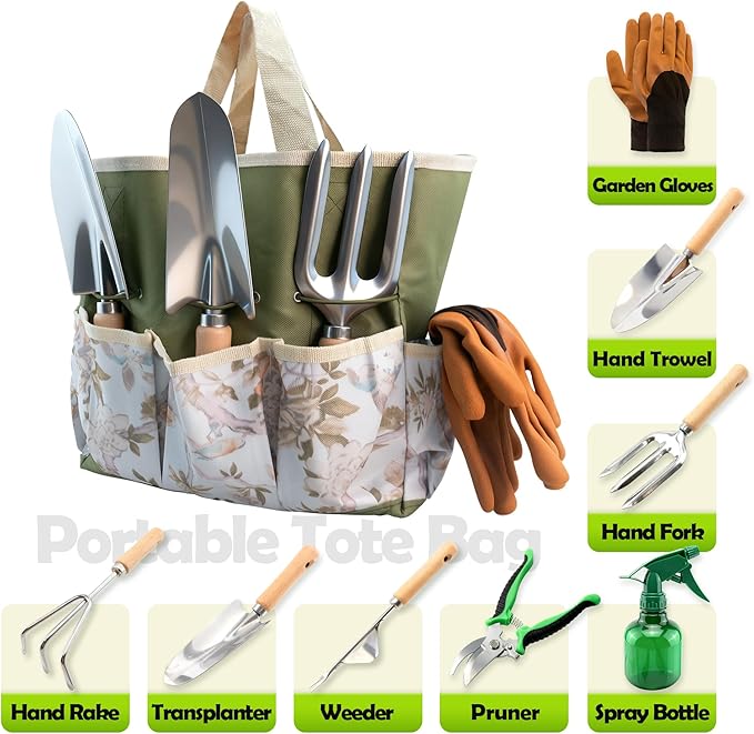 BlingKingdom 9-Piece Garden Tools Set Stainless Steel Gardening Hand Tool Kit with Tote Bag Easy Storage Perfect Gardening Gifts for Beginners Women and Men