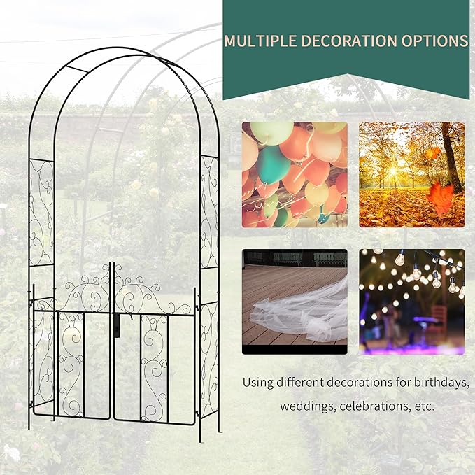 7.5' Metal Garden Arch with Gate Garden Arbor Trellis for Climbing Plants Roses Vines Wedding Arch for Outdoor Garden Lawn Backyard Black