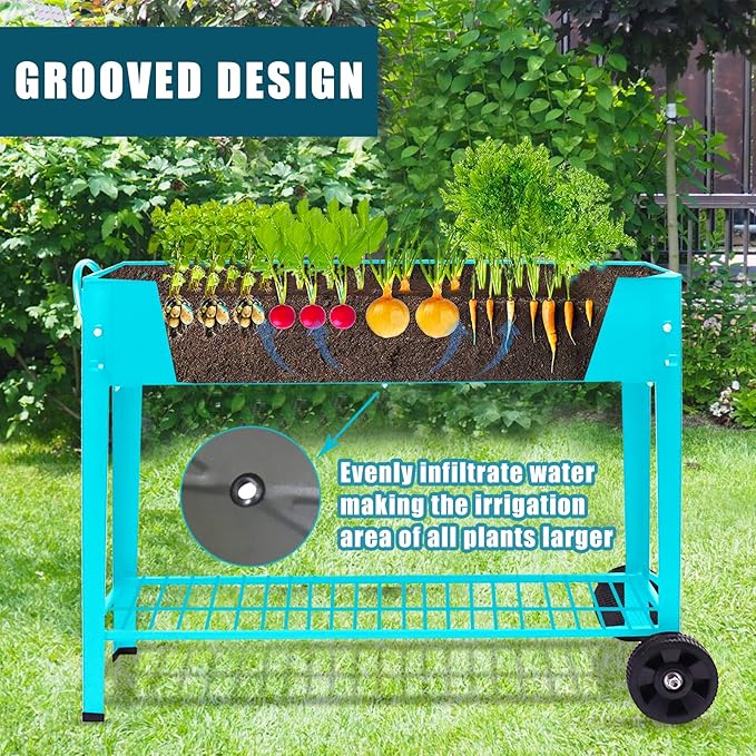 Raised Planter Box Beds with Wheels Legs Elevated Garden Bed for Indoor Outdoor Large Metal Mobile Planter Box with Bottom Shelf for Storing Tools for Vegetables Flower Herb Patio(Blue)