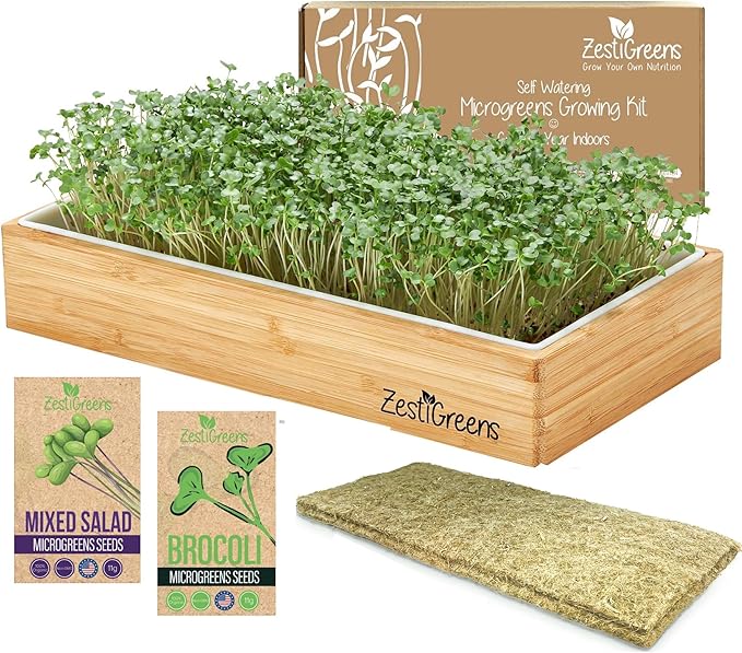 ZESTIGREENS Organic Self-Watering Microgreens Growing Kit – Reusable Indoor Grow Tray with Organic Seeds Grow Mats &amp Bamboo Frame – Easy No-Soil Microgreens Starter Kit (Broccoli &amp Salad Mix)