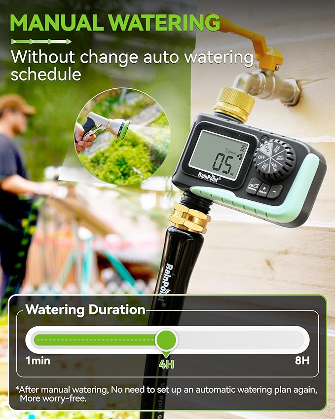 RAINPOINT Sprinkler Timer with Brass Swivel Programmable Water Timer for Garden Hose with Rain Delay/Manual Watering Digital Irrigation System Kit for Lawns 1 Outlet