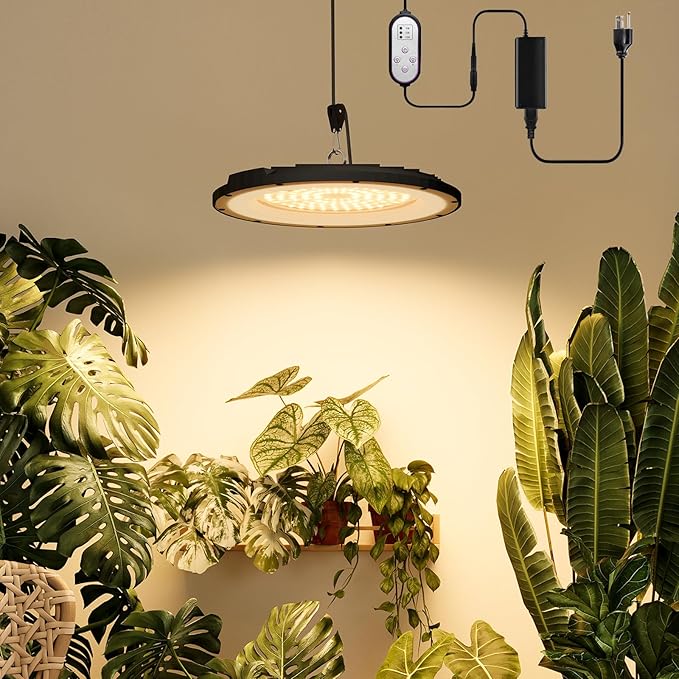 Bamworld Hanging Grow Light for Indoor Plants Full Spectrum 10 Dimmable Levels LED Grow Light Height Adjustable Long Cord Timer Garden Greenhouse Flowers Large Tall Plant Black