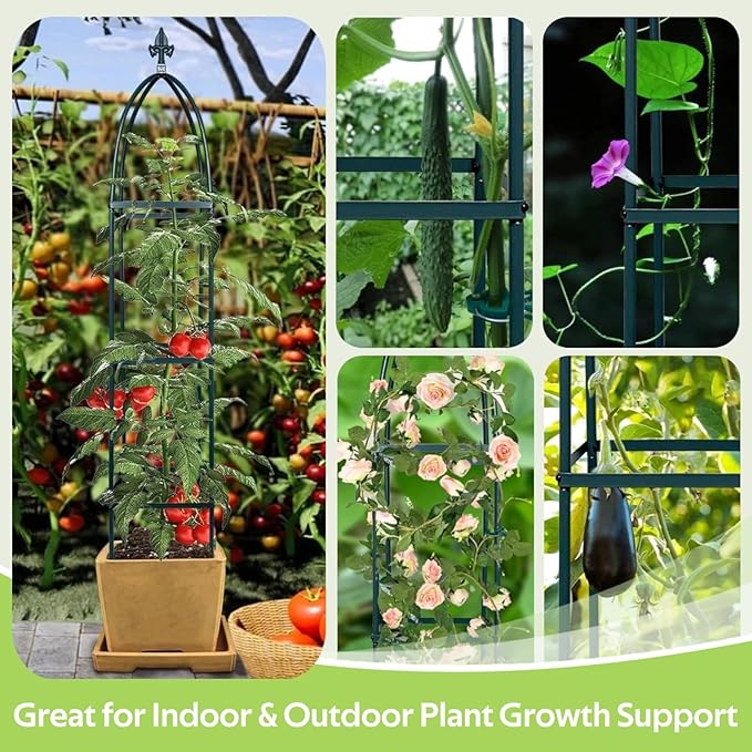 100% Metal Obelisk Trellis for Climbing Plants Outdoor &amp Indoor - Powder-Coated Steel Tower Obelisk Plant Support - Heavy Duty Rust-Proof Garden Trellis for Climbing Vine Vegetables Flowers Black