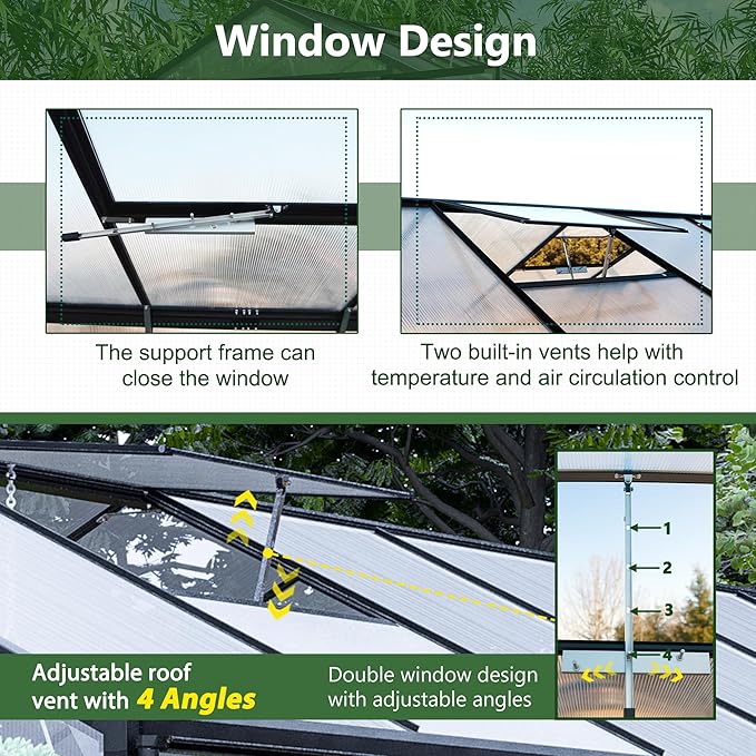 Heavy Duty Aluminum Greenhouse for Outdoor Winter Walk-in Polycarbonate Garden Greenhouse Kit with Base Adjustment Roof Vent Sliding Door Rain Gutter 2 Gloves Free Assembly Tools (8x12)