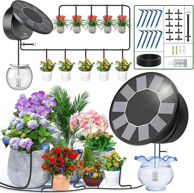 Solar Automatic Drip Irrigation System Kit DIY Irrigation System for Garden Outdoor/Indoor Gardening System Plant Watering System Drip Irrigation System 9 Timing Modes with Anti-Siphon Set