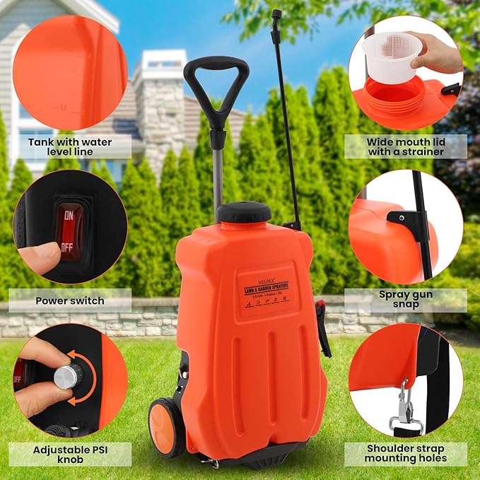 Battery Powered Backpack Sprayer 5.4 GallonAdjustable Wheeled Cart 0-94 PSI6 Hours Long Battery Life12V 8Ah BatteryBackpack Sprayer with 4 Nozzles for Weeding Spraying Cleaning
