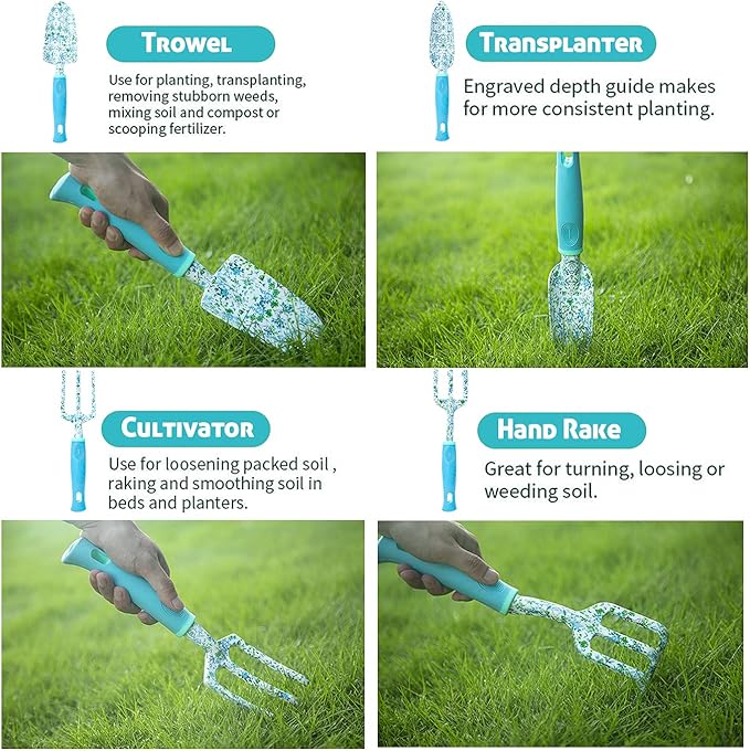Garden Tool Set 9 Piece Aluminum Alloy Gardening Hand Tools Kit Gift for Women &amp Parent Gardening Supplies with GlovesToteKneeling PadHand PrunerTrowelHand RakeWeederForkTransplanter