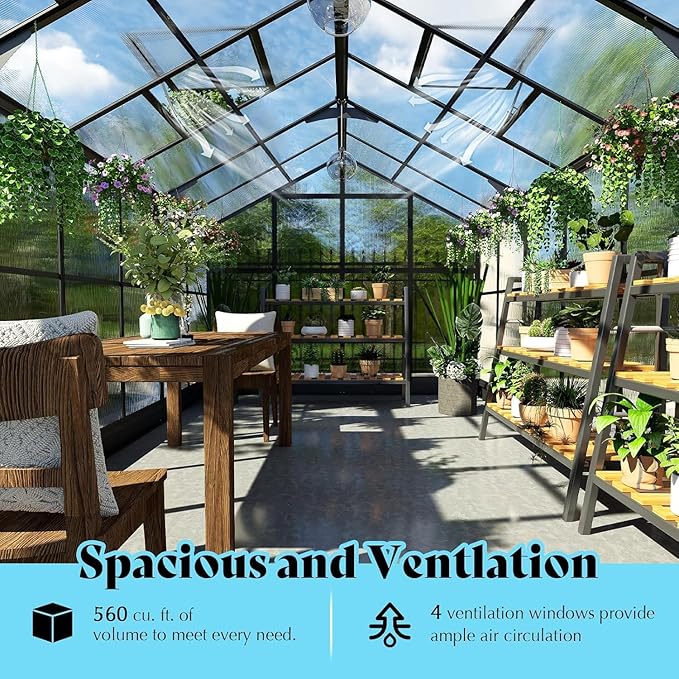 AMERLIFE 8x14x7FT Polycarbonate Greenhouse Walk in Greenhouse with Quick-Connect System Green House with 4 Vent Windows and Swing Door Greenhouses for Outdoors Glossy Black