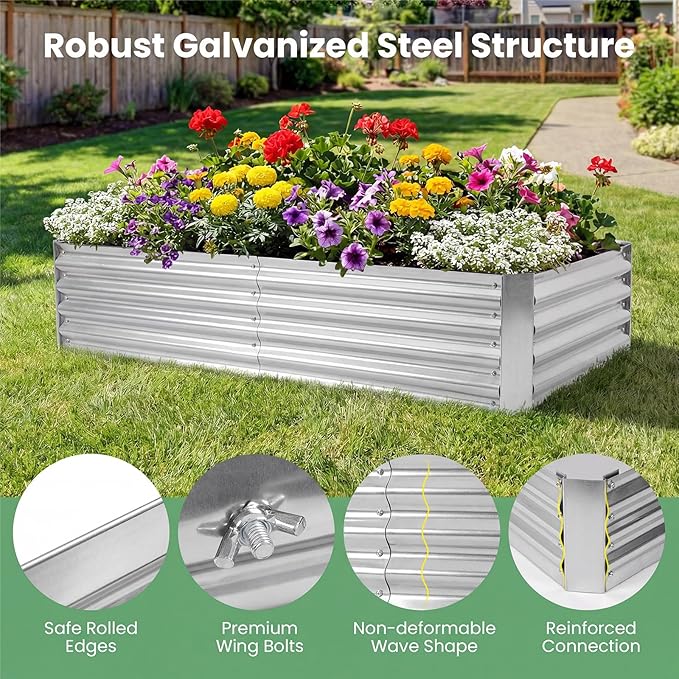 HAPPYGRILL Raised Garden Bed with Cover Galvanized Metal Planter Box Kit w/2 Large Zipper Mesh Screen Windows Outdoor Raised Beds for Gardening Flowers Vegetables (Silver)