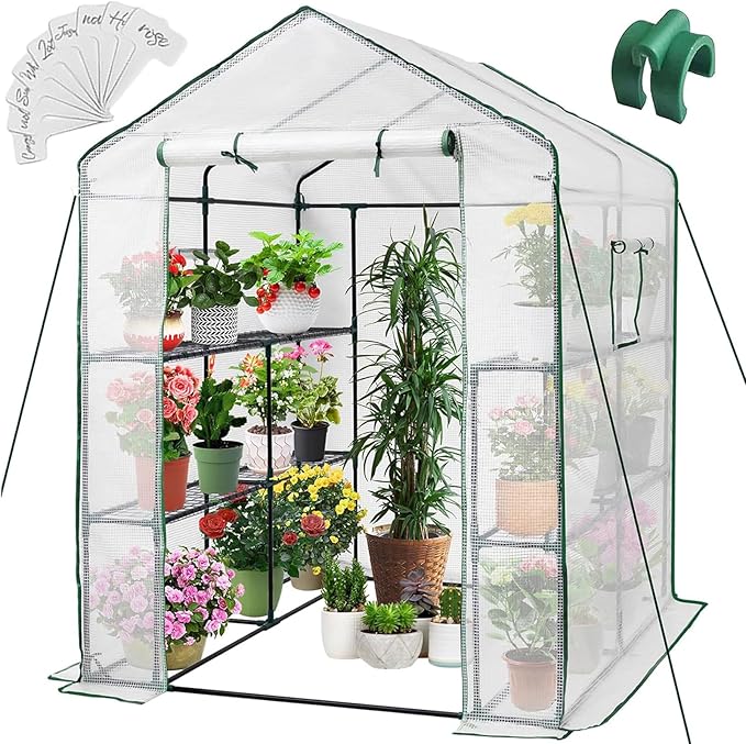 Greengro Greenhouse 57 x 57 x 76'' Greenhouses for Outdoors Portable Greenhouse Kit with Mesh Side Windows PE Cover 8 Shelves Heavy Duty Walk in Green House for Backyard Garden Indoor Outside