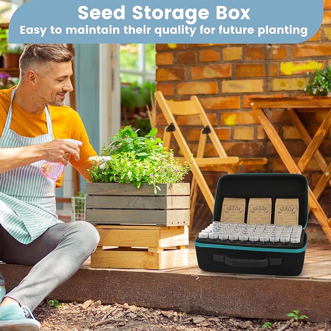 120 Slots Seed Storage Box with 25 Envelopes and Tools Large Sturdy Storage Organizer for Garden Plant Seeds Seed Bank with Zipper Label Funnel Tweezers Tray (Seeds Not Included)