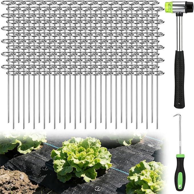 6 Inch Landscape Staples with Hook &amp Hammer - 200pcs Circle Top Weed Barrier Stakes Kit 9 Gauge Galvanized Rust-Resistant Garden Fabric Pins for SOD Garden Edging Install &amp Remove Tools In