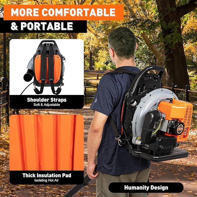 63CC 2-Stroke Leaf Blower Backpack Leaf Blower Powerful Engine Leaf Blowers 6800r/Min 0.47Gal Large Tank 2.7KW Leaf Sweeping Machine for Yard Maintenance (63CC 2-Stroke)