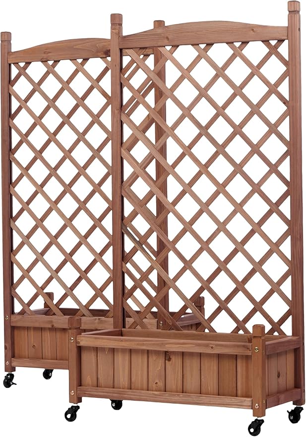 2-Pack Raised Garden Beds with Trellis &amp Wheels – Natural Wood Outdoor Planter Boxes with Climbing Racks Drainage Holes &amp Fixing Device – for Vegetables Flowers &amp Vines