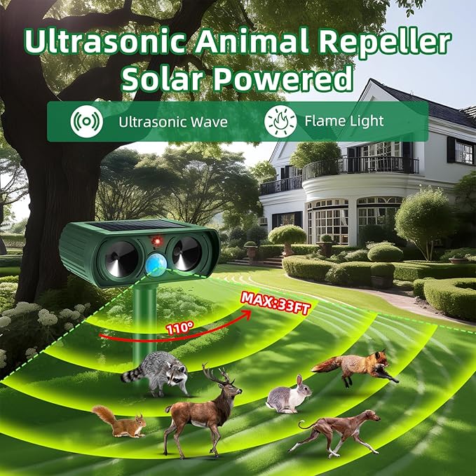 4 Pack 2025 Solar Ultrasonic Repellent Outdoor Cat Deterrent Squirrel Rabbit Deer Repellent Devices Skunk Repellent for Yard Motion Detection Animal Deterrent for Dog Racoon Rodent Mole