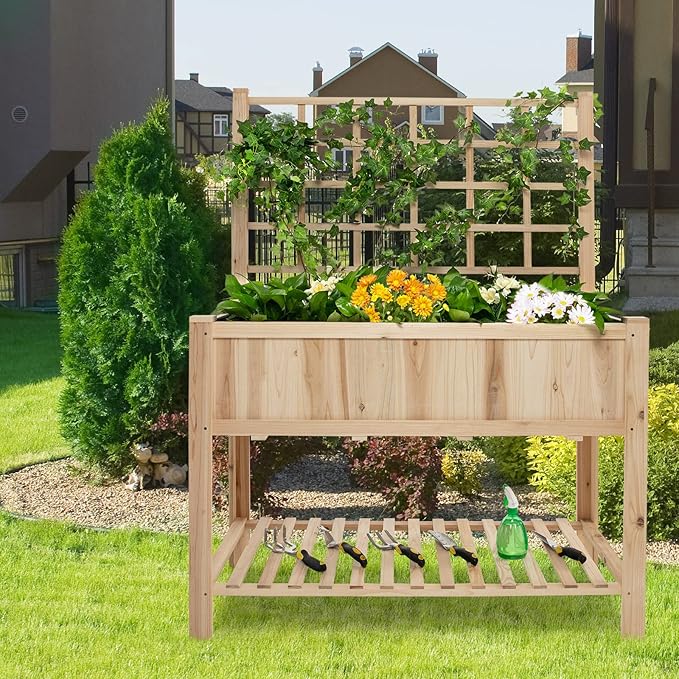 Giantex Wood Planter with Trellis Standing Raised Garden Bed Liner Storage Shelf Elevated Plant Box Stand for Climbing Flower Vegetable Herb Indoor Outdoor Patio Lawn Balcony