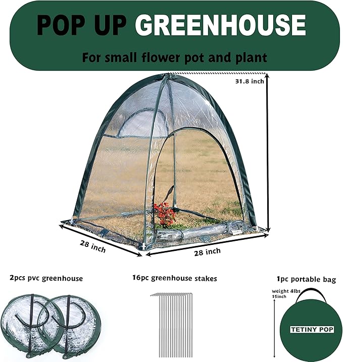 2pcs Quick Set up Mini Greenhouse Portable Small PVC Cover for Garden Flower and Flowerpot Cold Frost Protector Portable Carry Bag with 8 Stakes (PVC (28 L x 28 W x 32 H))