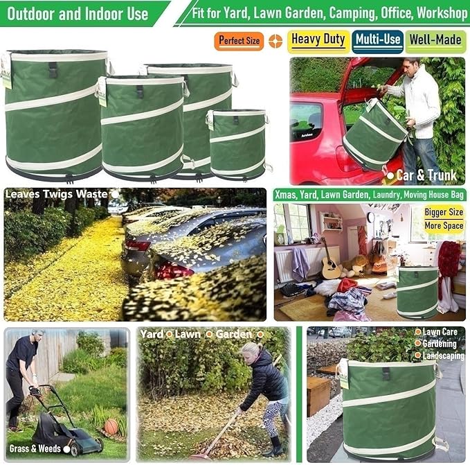 32-Gallon Collapsible Trash Can (19x25 in) Hard-Shell Bottom Leaf BagYard Waste BagGarden Debris ContainerPop-Up Recycling BinRV Camping Waste BinLaundry HamperLawn Grass ClippingsWeeds Basket