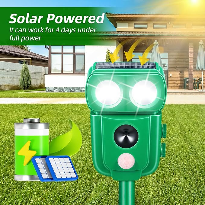 Solar Animal Repellent OutdoorCat Repellent Outdoor Rabbit Squirrel Dog Deer Repellent Devices Raccoon Fox Skunk Deer Deterrents with Motion Detection &amp LED Light for Yard Farm Garden (4 Green)
