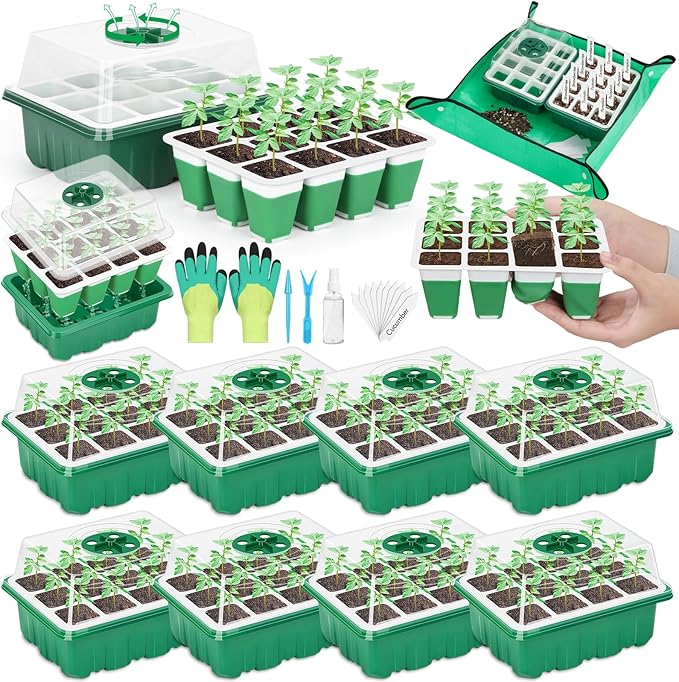 Reusable Silicone Seed Starter Tray 96 Cells Seed Starter Kit with Humidity Adjustable Dome and Lid 8 Packs Plant Germination Trays with Repotting Mat Germination Kit for Seeds Grow Starting