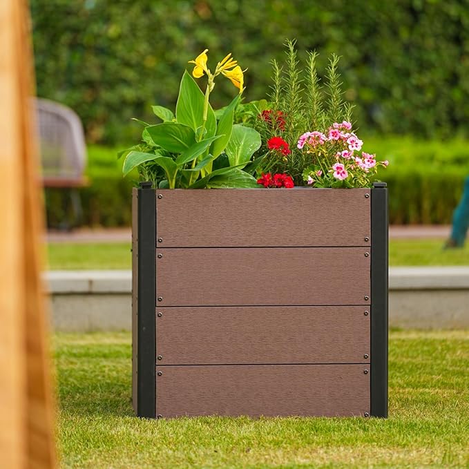 Wood Raised Garden Bed 25x25x23 in Tall Outdoor Planter Box with Bottom Deep Root Elevated Garden Bed for Vegetables Herbs Flowers All-Weather Composite Rectangle Planter for Patio Backyard