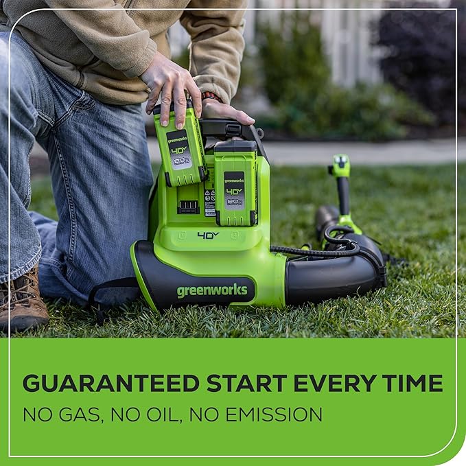 Greenworks 40V (175 MPH / 710 CFM) Dual Port Cordless Brushless Backpack Leaf Blower (2) 8.0Ah Battery and Charger Included