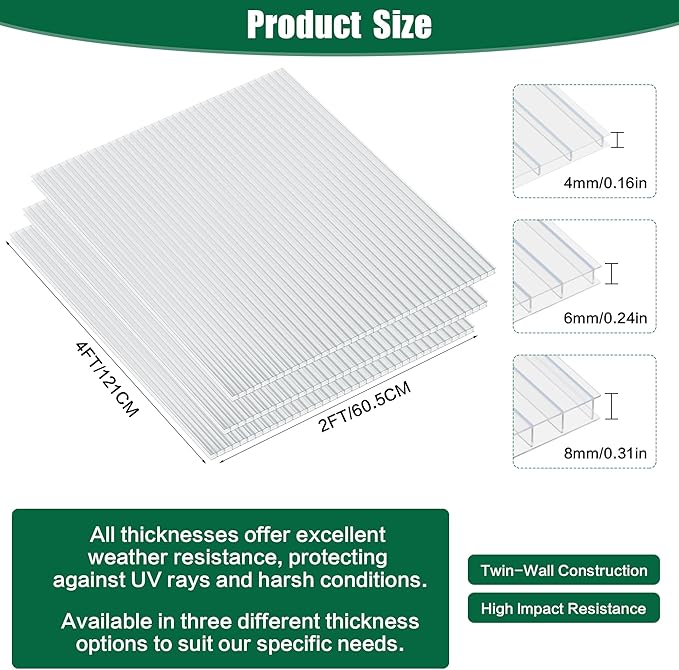 12-Pack Polycarbonate Greenhouse Panels 23.8x47.6x0.24 Inch Clear Twin-Wall UV Protected Roof PC SheetsGreen House Plastic Boards for Outdoor Garden DIY Crafts &amp Plant Protection