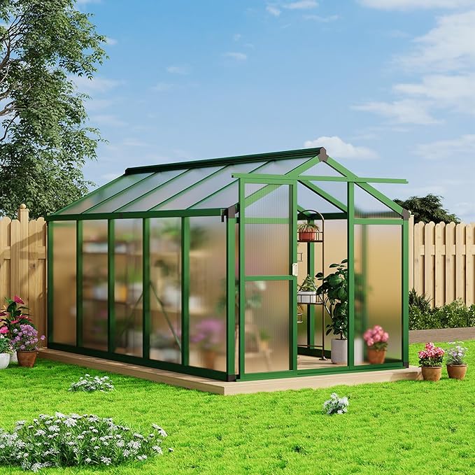 GAOMON 6 x 10 ft Greenhouse for Outdoor with Sliding Door Green House with Polycarbonate Panel &amp Ajustable Roof Vent &amp Ground Nails Walk-in Aluminum Greenhouses for Garden Patio