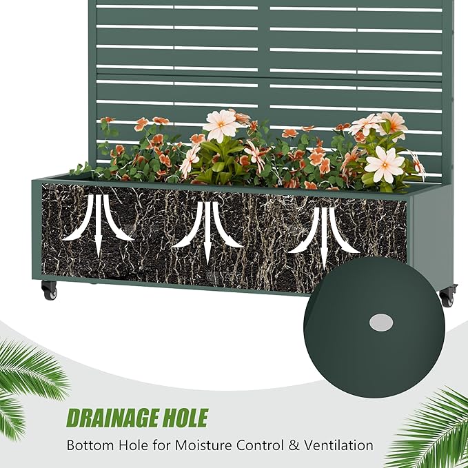 Casaphoria Metal Raised Garden Bed with Trellis and Wheels 72x47x16 Planter Box for Climbing Plants Vegetables &amp Vines Features Drainage Holes and Privacy Screen Drak Green-Louvered