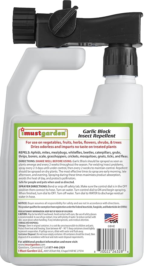 Garlic Block Insect Repellent – Ready to Spray Concentrate: No Mixing or Measuring – OMRI Listed for Organic Gardening - Creates a Garlic Barrier to Protect Vegetables Fruits &amp Flowers: 32oz Hose