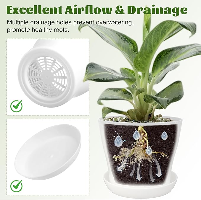 48 Pack Plastic Planters 5.5 Inch Flower Plant Pots Indoor Set Thickened Seedling Nursery Pots Seed Starting Pots with Drainage Holes Saucers Mini Garden Tool for Home Office Garden White