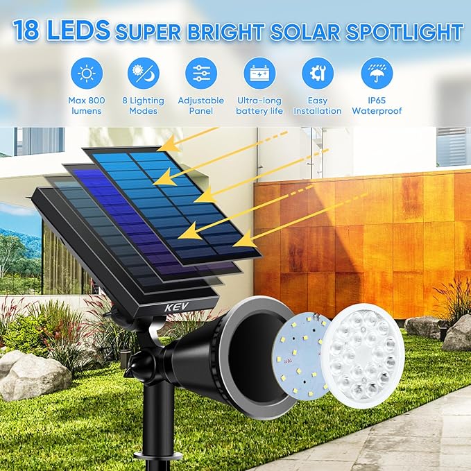 KEV Solar Spot Lights Outdoor18 LEDs Solar Flood Lights with 8 Modes &ampColored Adjustable &ampIPX65 WaterproofChristmas Solar Spotlight for Driveway/Backyard/Landscape/Tree/Garage(Multicolor4 P