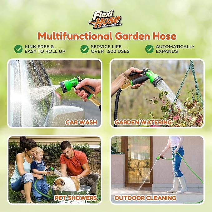 Flexi Hose Expandable Garden Hose with 8 Function Nozzle 150FT - Lightweight Retractable Garden Hose Water Hose - No-Kink Flexibility 3/4 Inch Solid Brass Fittings and Double Latex Core